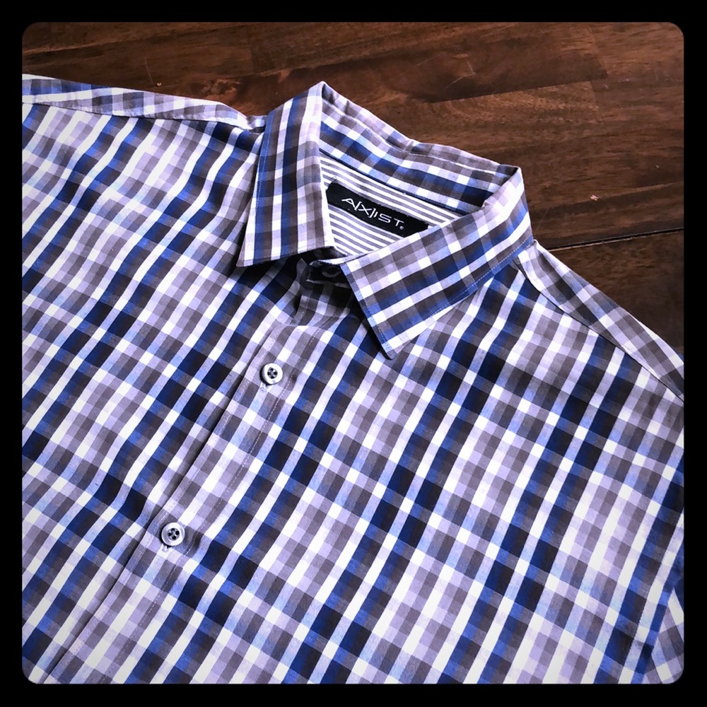 Axist Men's Button Down Shirt Plaid Checkered Blue Grey White Long Sleeve Sz L